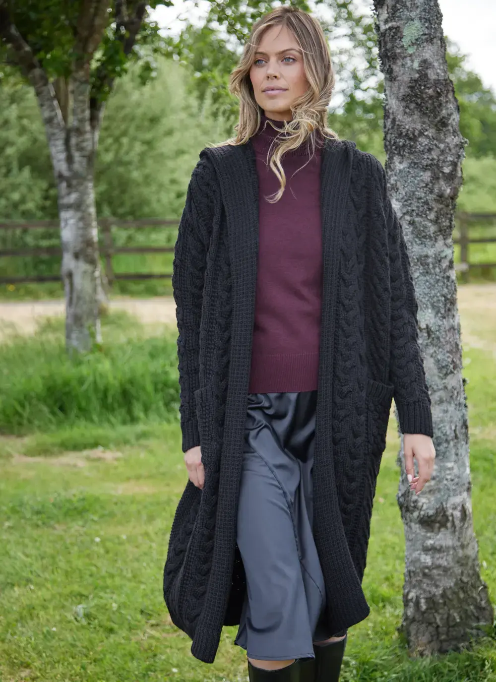 Aoife Long Hooded Coatigan in Black | Blarney